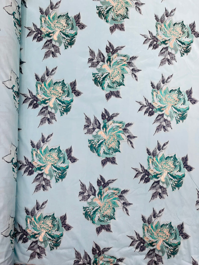 Multi Floral Color Jacquard Satin, Sold by The Yard.