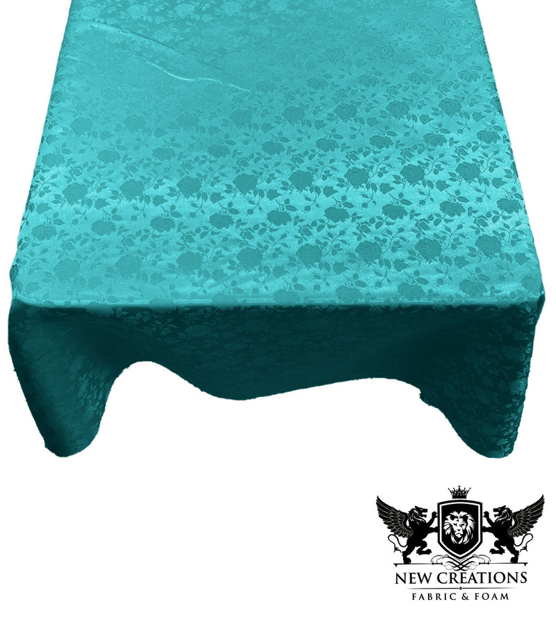 Aqua Square Tablecloth Roses Jacquard Satin Overlay for Small Coffee Table Seamless. (58" Inches x 58" Inches)