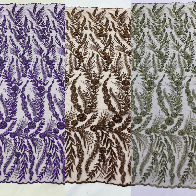 Feather and Vine Beaded Lace Fabric, by The Yard