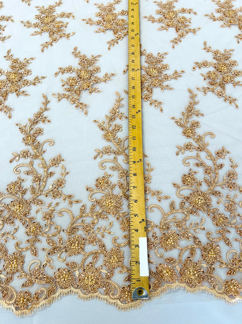 BIG FLORAL DAMASK BEADED MESH LACE FABRIC (By The Yard)