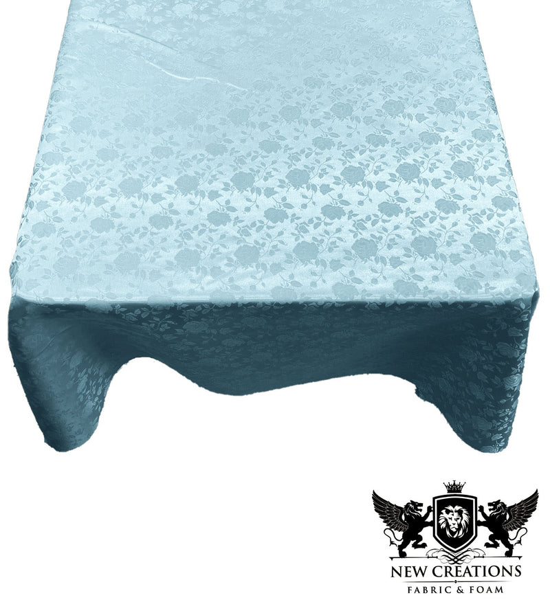 Baby Blue Square Tablecloth Roses Jacquard Satin Overlay for Small Coffee Table Seamless. (58" Inches x 58" Inches)