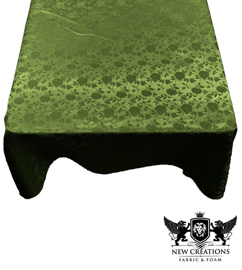Bamboo Green Square Tablecloth Roses Jacquard Satin Overlay for Small Coffee Table Seamless. (58" Inches x 58" Inches)