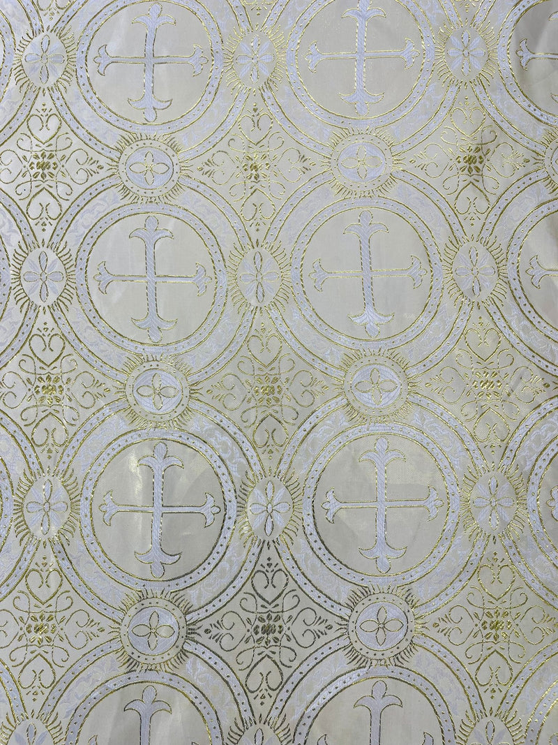 Beige/Gold - Rectangular Metallic Cross Brocade Jacquard Satin Tablecloth Overlay/Religious Brocade/Liturgical Fabric/Church.