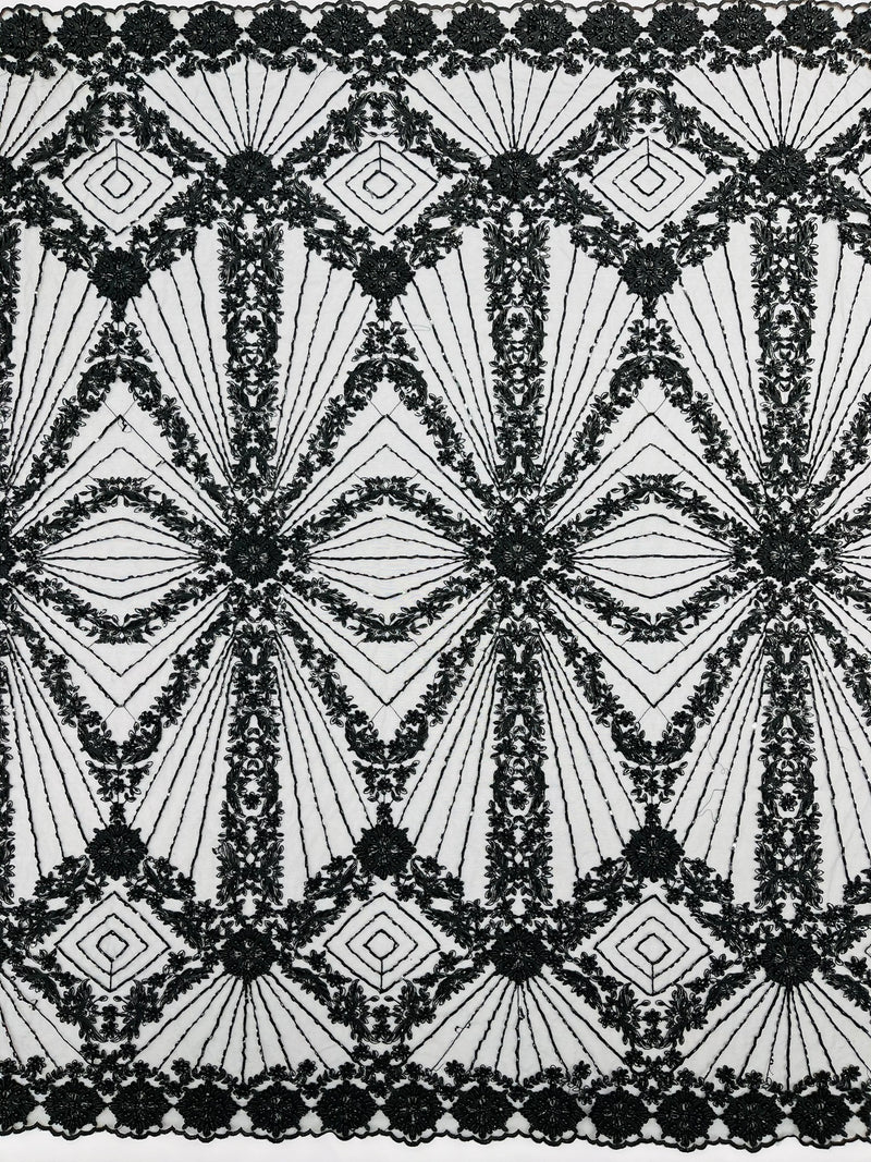 Luxury Bridal Fabric with Geometric Beading on a mesh, by The Yard.