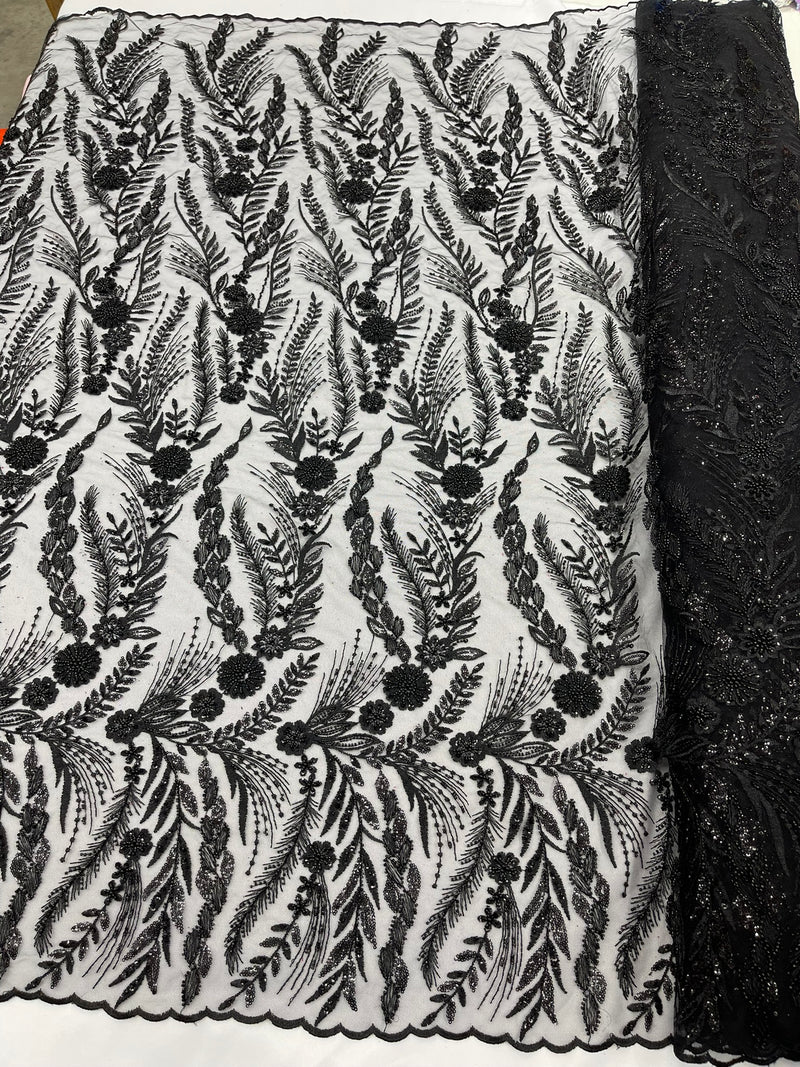 Feather and Vine Beaded Lace Fabric, by The Yard