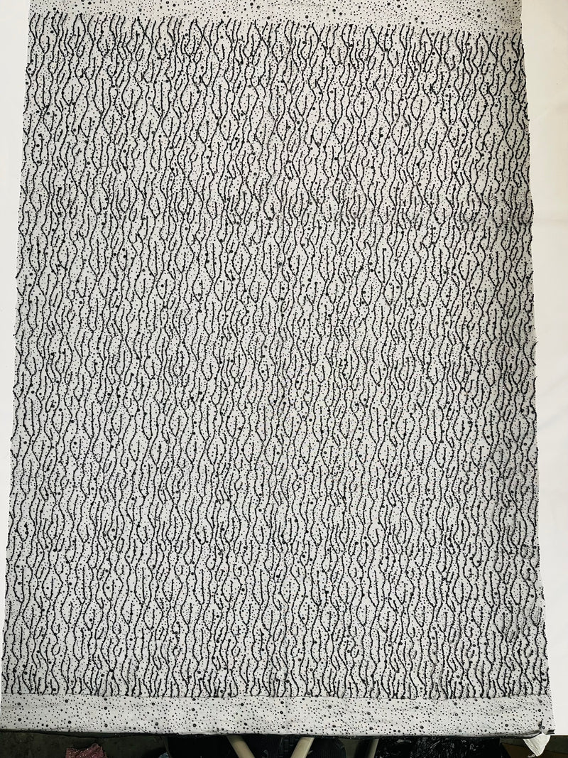 Sparkling Glitter Beads Sequin Fabric, Wave Design, Fabric Embroidered on a Mesh Lace Wedding Bridal Dress.