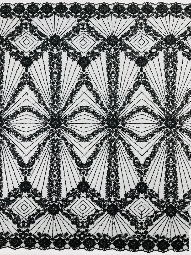 Luxury Bridal Fabric with Geometric Beading on a mesh, by The Yard.