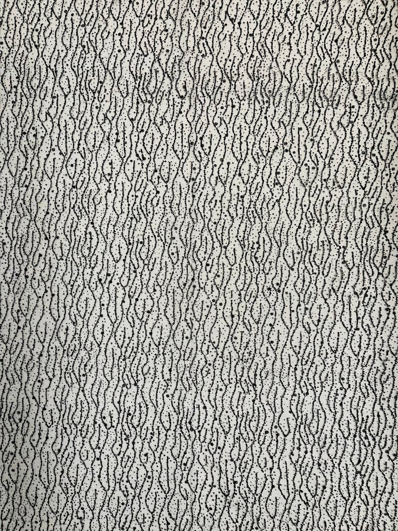 Sparkling Glitter Beads Sequin Fabric, Wave Design, Fabric Embroidered on a Mesh Lace Wedding Bridal Dress.