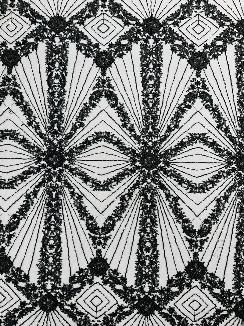 Luxury Bridal Fabric with Geometric Beading on a mesh, by The Yard.