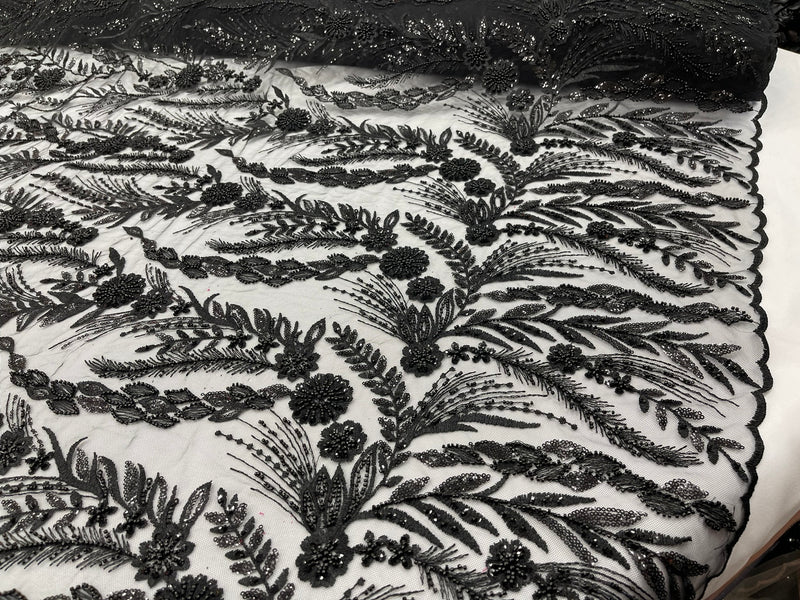 Feather and Vine Beaded Lace Fabric, by The Yard
