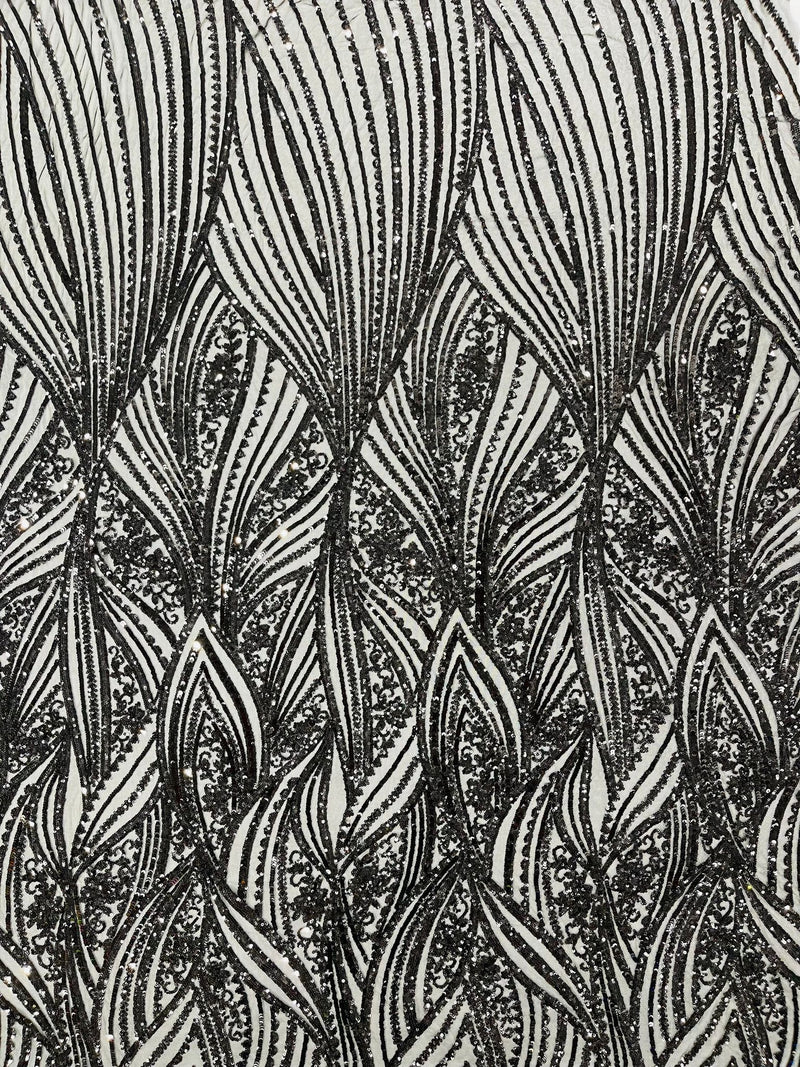 Geometric Feather wing shiny sequin design on a 4 way stretch mesh Fabric-prom-sold by the yard.