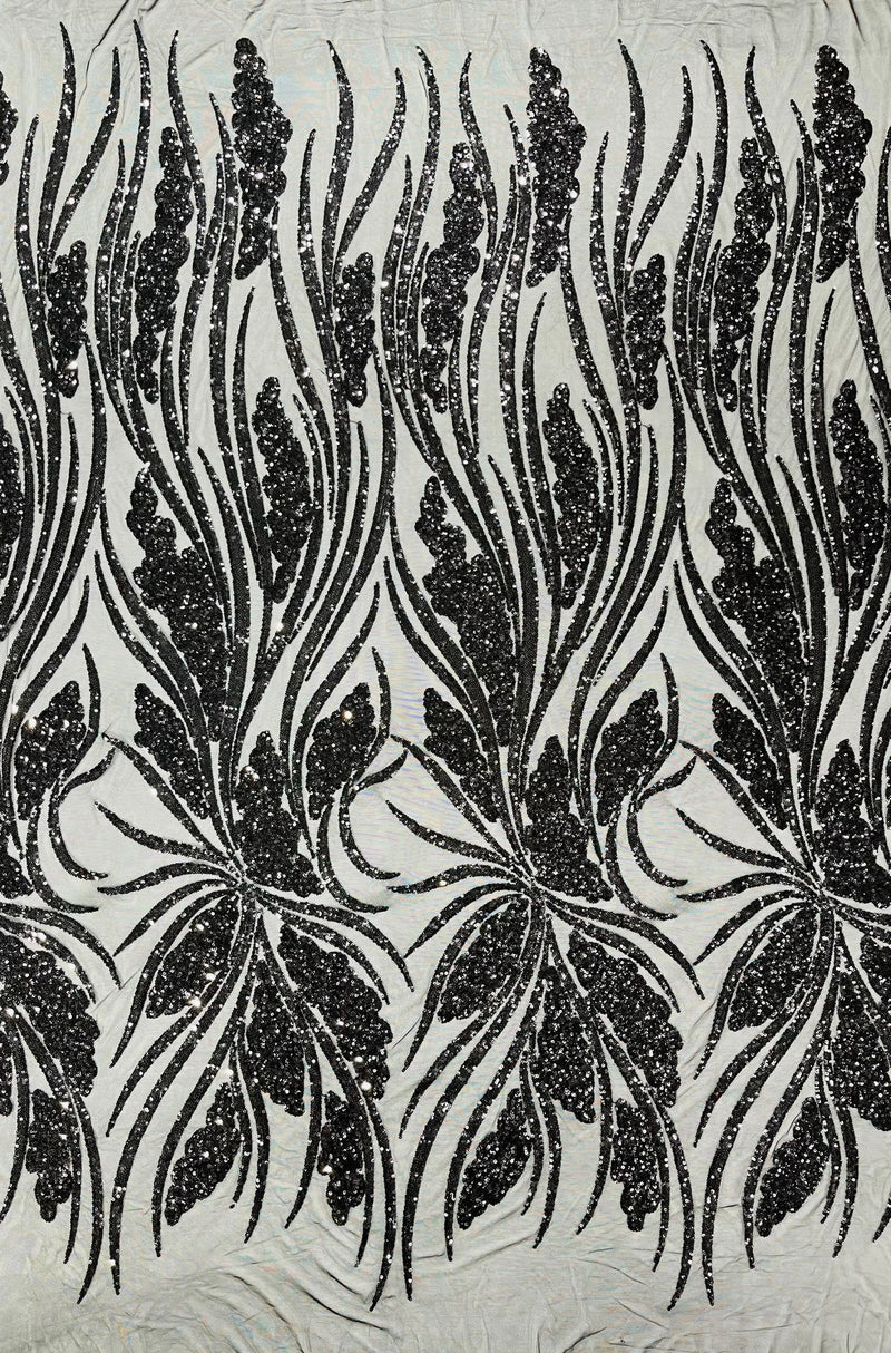 Feather damask shiny sequin design on a 4 way stretch mesh Fabric-prom-sold by The yard.