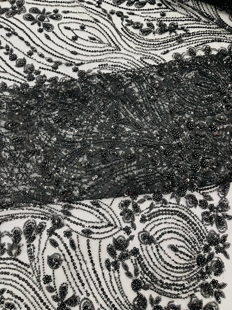 Modern Luxury Beaded Fabric Embroidered on a Mesh Lace, Sold by The Yard.