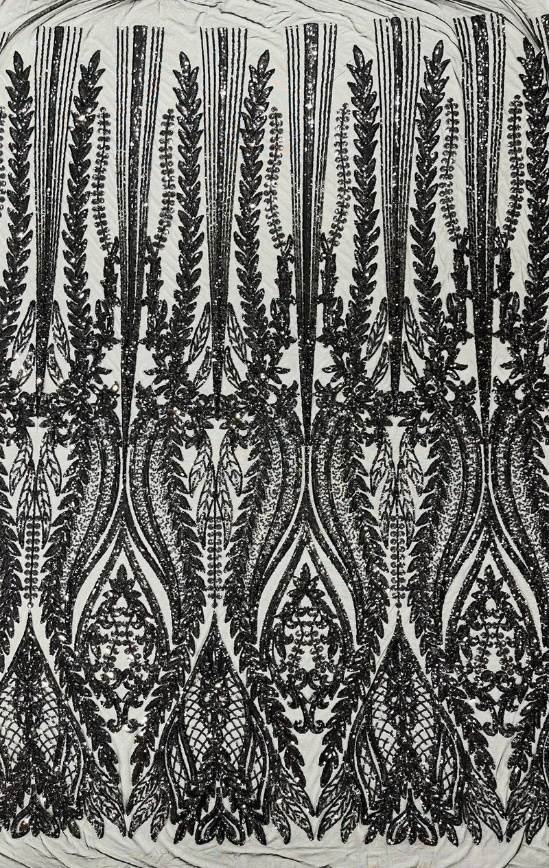 Damask design with sequins embroider on a 4 way stretch mesh fabric.