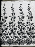 Princess Glitter 3d floral design embroidery with pearls in a mesh lace-sold by the yard.