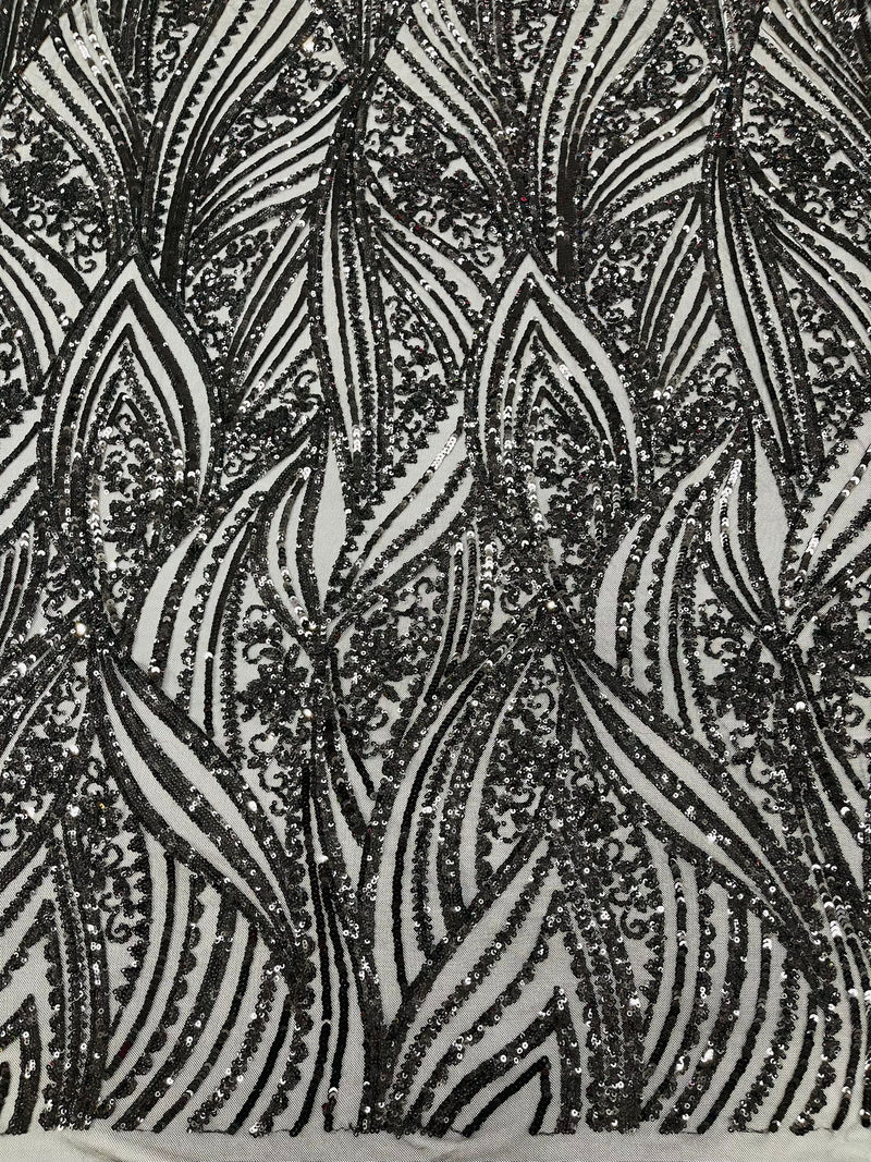 Geometric Feather wing shiny sequin design on a 4 way stretch mesh Fabric-prom-sold by the yard.