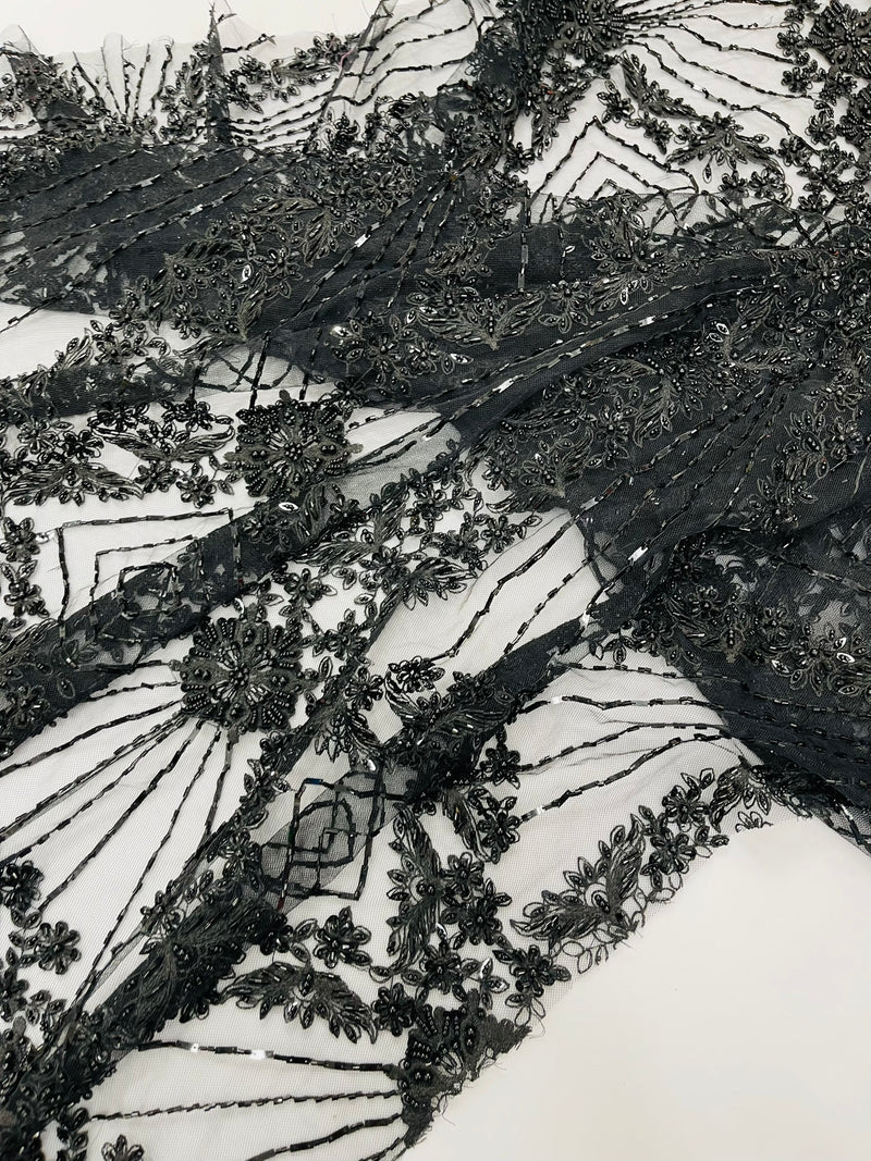Luxury Bridal Fabric with Geometric Beading on a mesh, by The Yard.