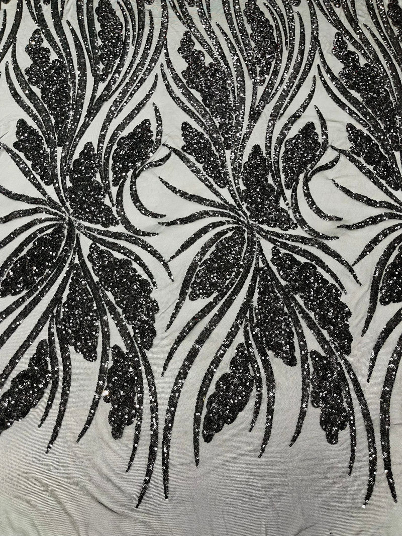 Feather damask shiny sequin design on a 4 way stretch mesh Fabric-prom-sold by The yard.