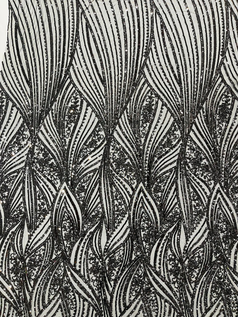 Geometric Feather wing shiny sequin design on a 4 way stretch mesh Fabric-prom-sold by the yard.