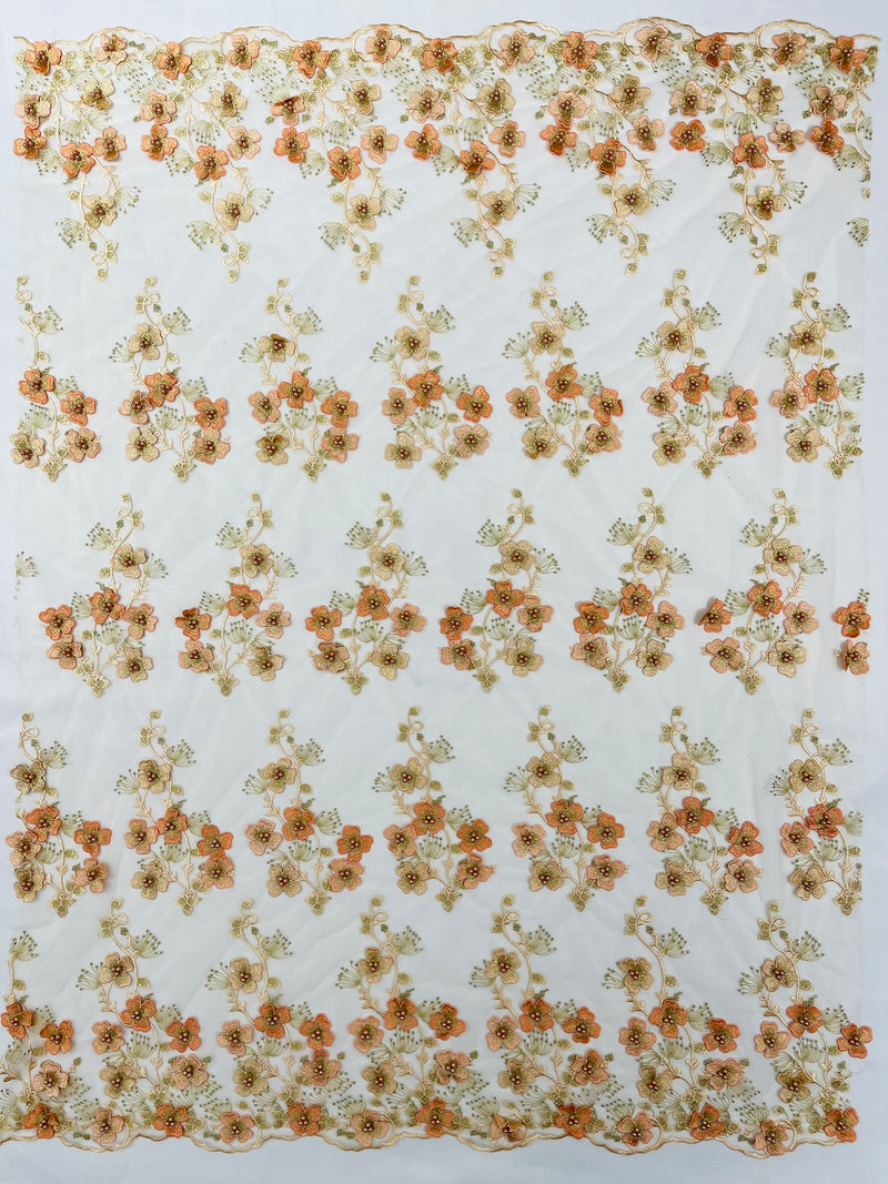 Multi Color 3D Floral Design Embroider with Pearls in a Mesh Lace Fabric -Sold by the yard.