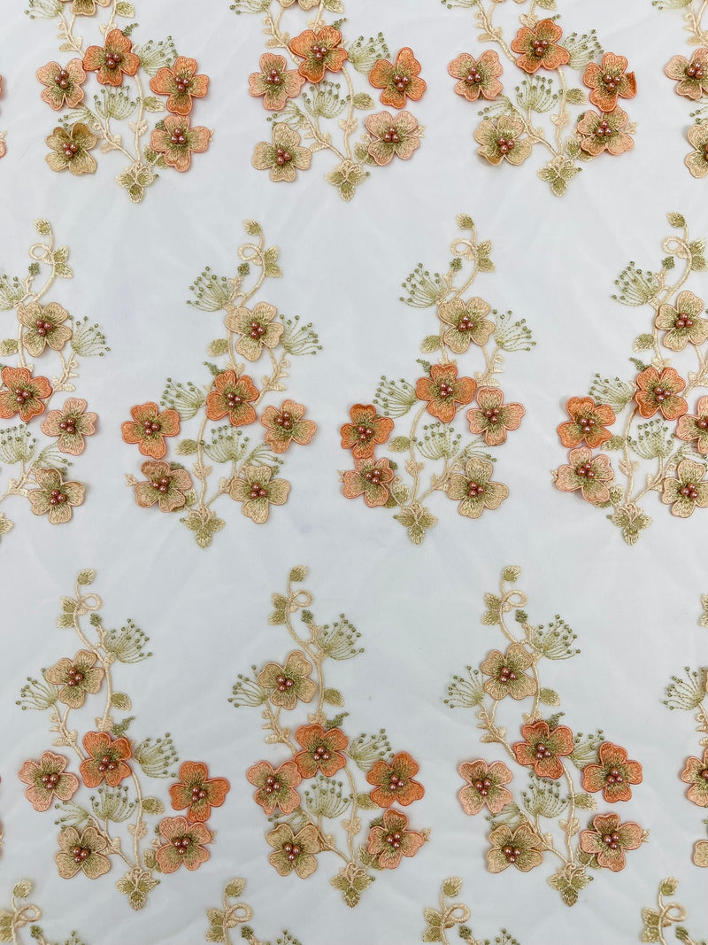 Multi Color 3D Floral Design Embroider with Pearls in a Mesh Lace Fabric -Sold by the yard.