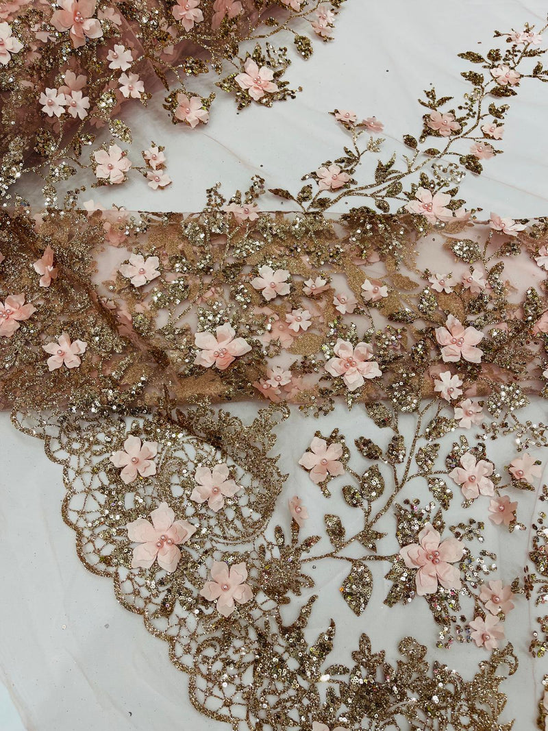 Princess Glitter 3d floral design embroidery with pearls in a mesh lace-sold by the yard.