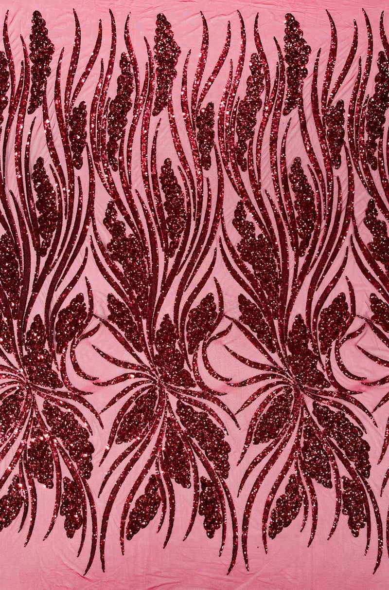 Feather damask shiny sequin design on a 4 way stretch mesh Fabric-prom-sold by The yard.