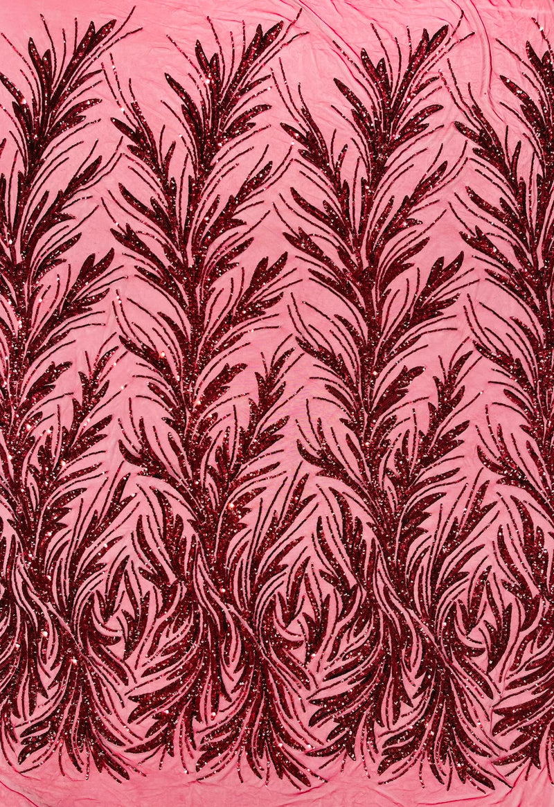 Feather Wing Shiny Sequin Design on a 4 Way Stretch mesh Fabric-Prom-Sold by The Yard.