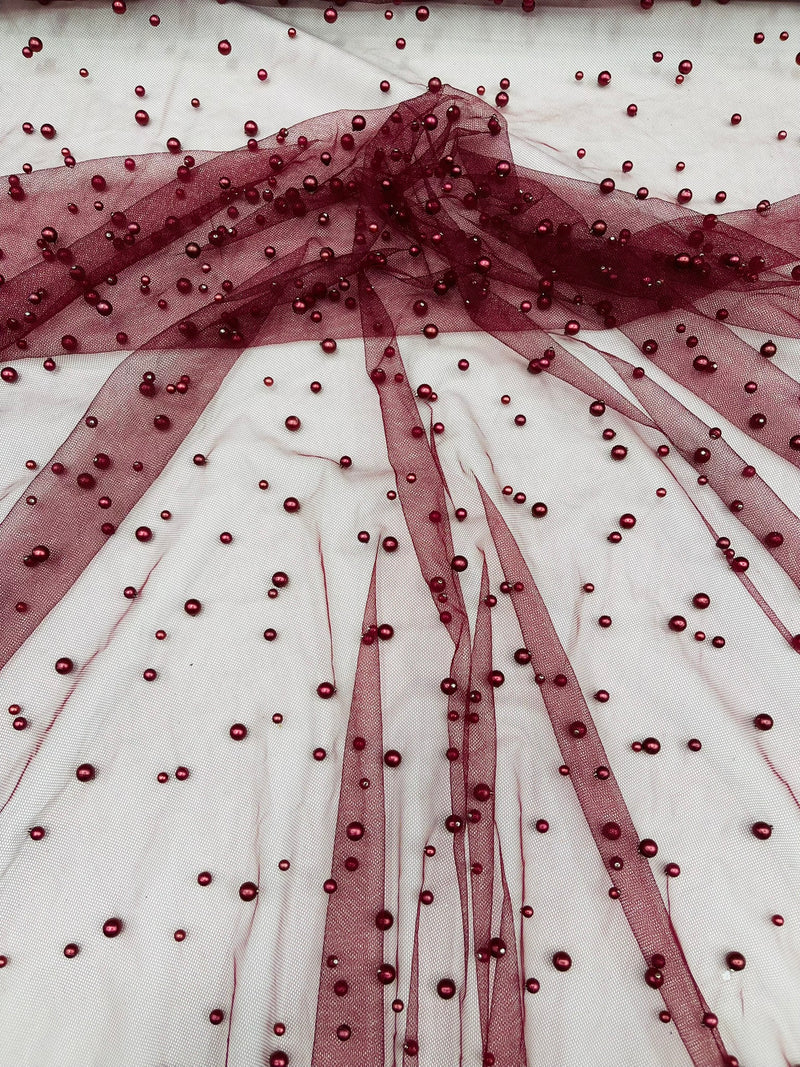 Heavy Scattered Pearls Studded Mesh, 2-Way Stretch, sold by the yard.