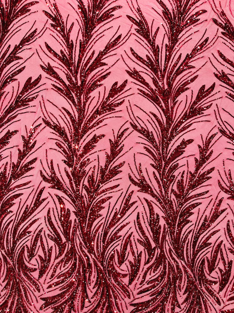 Feather Wing Shiny Sequin Design on a 4 Way Stretch mesh Fabric-Prom-Sold by The Yard.