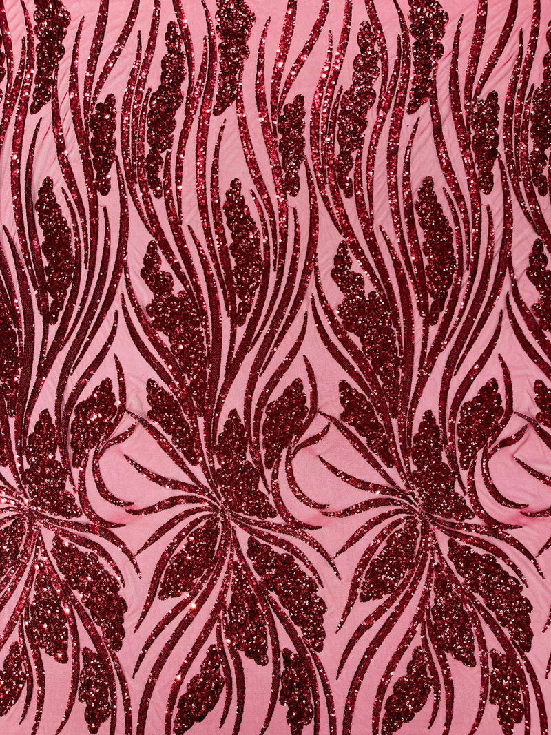 Feather damask shiny sequin design on a 4 way stretch mesh Fabric-prom-sold by The yard.