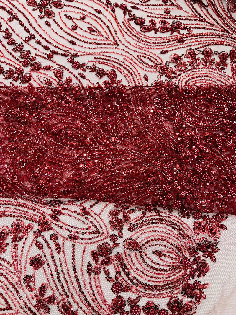 Modern Luxury Beaded Fabric Embroidered on a Mesh Lace, Sold by The Yard.