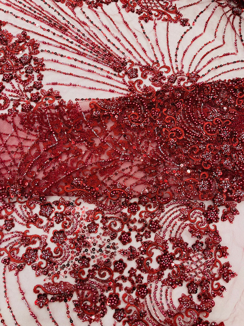 Royalty Damask Beaded Lace Luxury on Mesh, by The Yard.