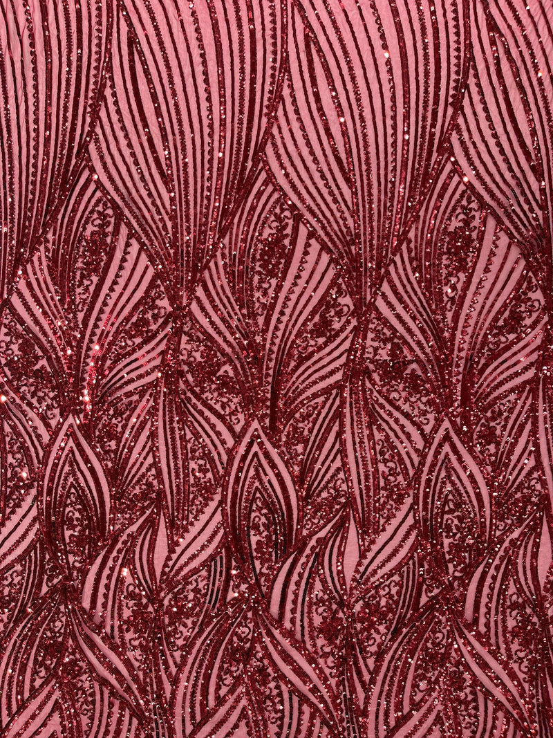 Geometric Feather wing shiny sequin design on a 4 way stretch mesh Fabric-prom-sold by the yard.