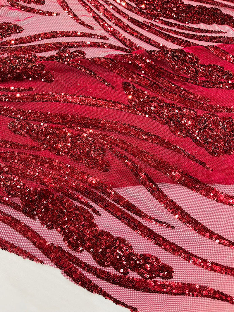 Feather damask shiny sequin design on a 4 way stretch mesh Fabric-prom-sold by The yard.