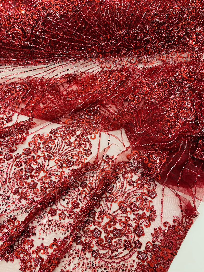 Royalty Damask Beaded Lace Luxury on Mesh, by The Yard.