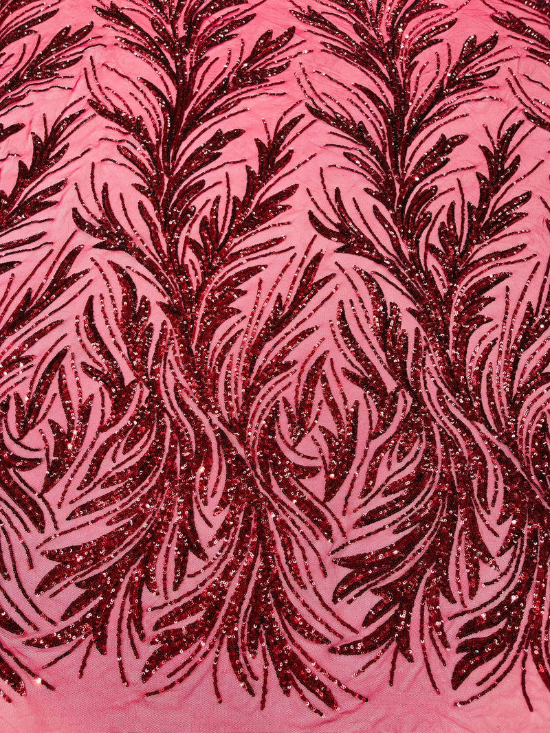 Feather Wing Shiny Sequin Design on a 4 Way Stretch mesh Fabric-Prom-Sold by The Yard.