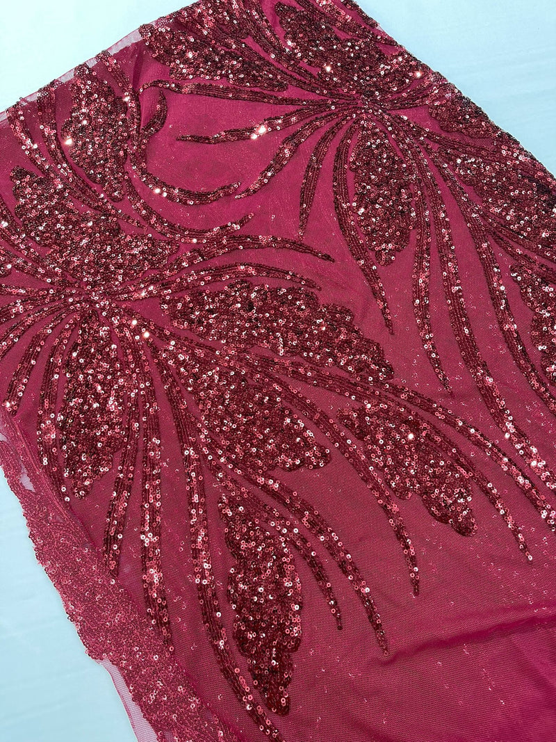 Feather damask shiny sequin design on a 4 way stretch mesh Fabric-prom-sold by The yard.