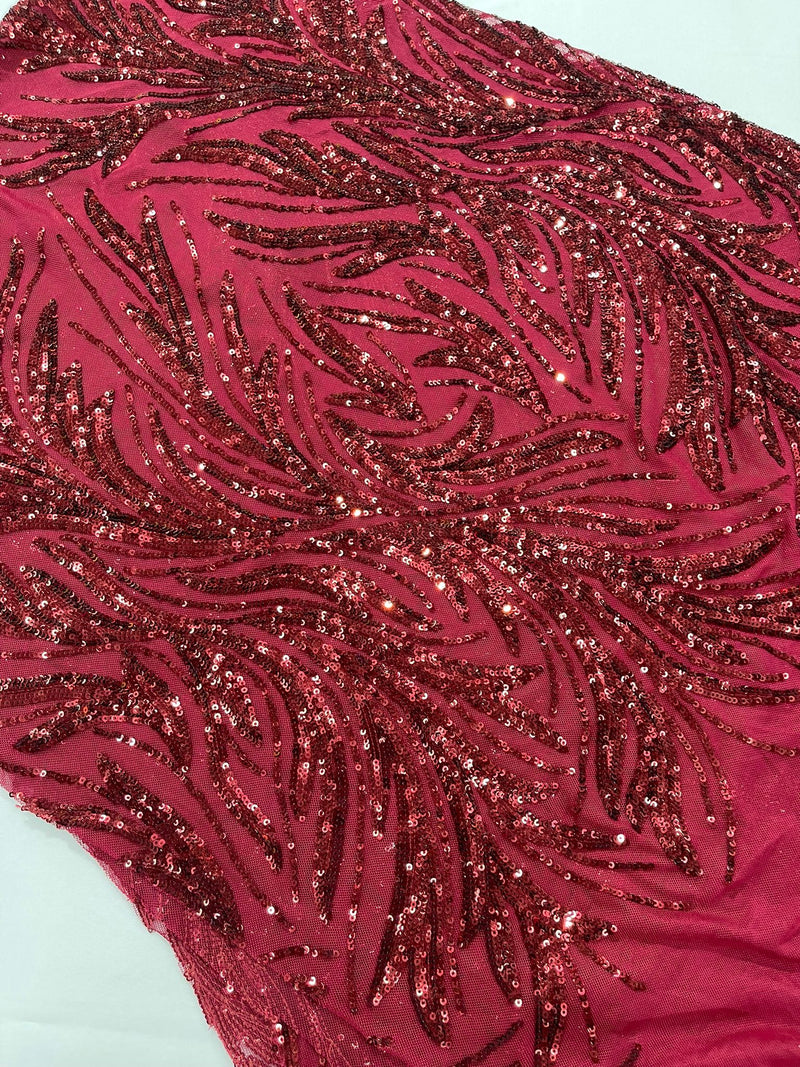 Feather Wing Shiny Sequin Design on a 4 Way Stretch mesh Fabric-Prom-Sold by The Yard.