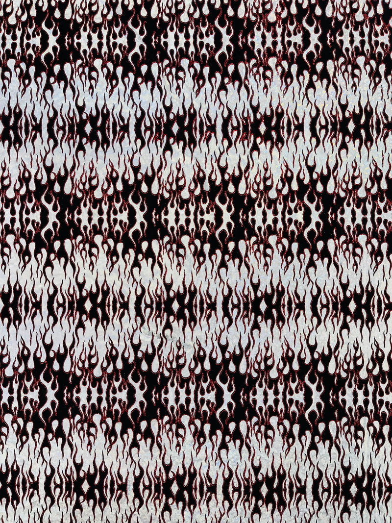 Hot Rod Tricot Holographic 4 Way Spandex With Black Flocking Flames And Red Glitter Fabric-