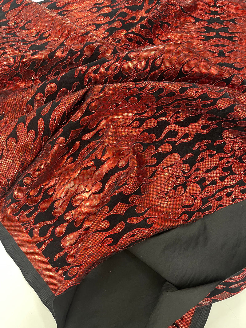 Hot Rod Tricot Holographic 4 Way Spandex With Black Flocking Flames And Red Glitter Fabric-