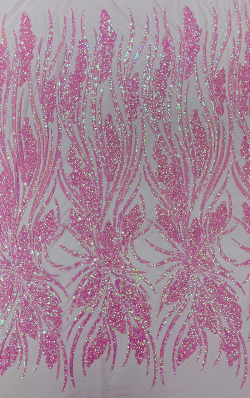 Feather damask shiny sequin design on a 4 way stretch mesh Fabric-prom-sold by The yard.