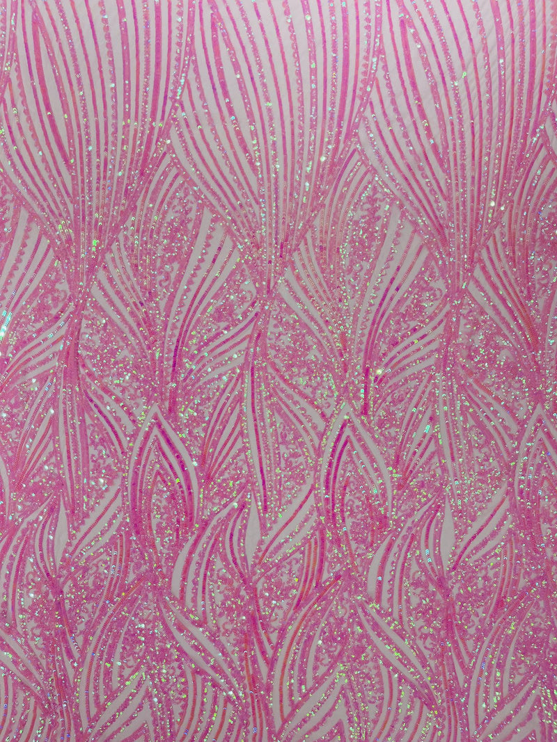 Geometric Feather wing shiny sequin design on a 4 way stretch mesh Fabric-prom-sold by the yard.