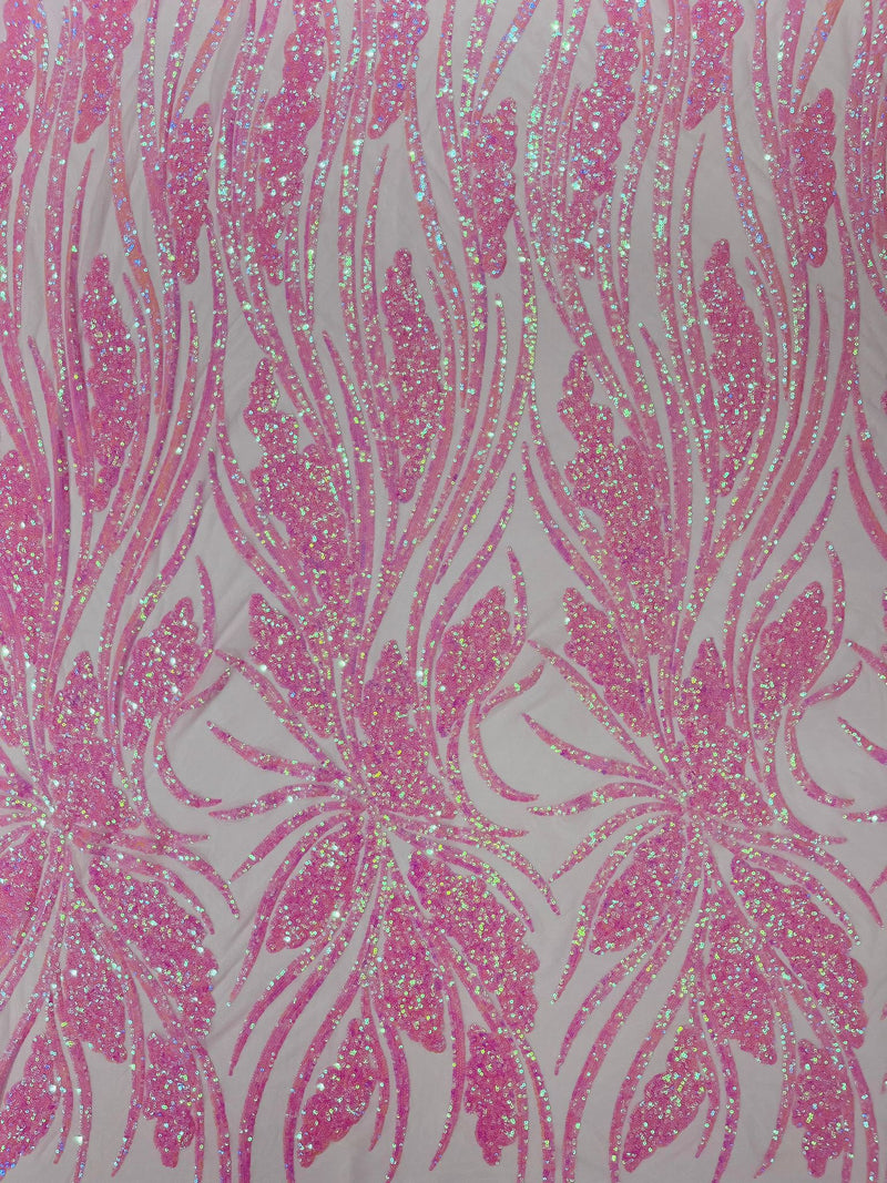 Feather damask shiny sequin design on a 4 way stretch mesh Fabric-prom-sold by The yard.