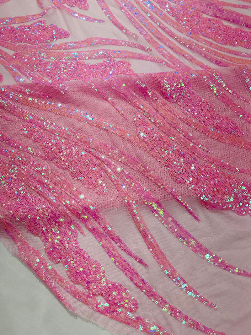 Feather damask shiny sequin design on a 4 way stretch mesh Fabric-prom-sold by The yard.