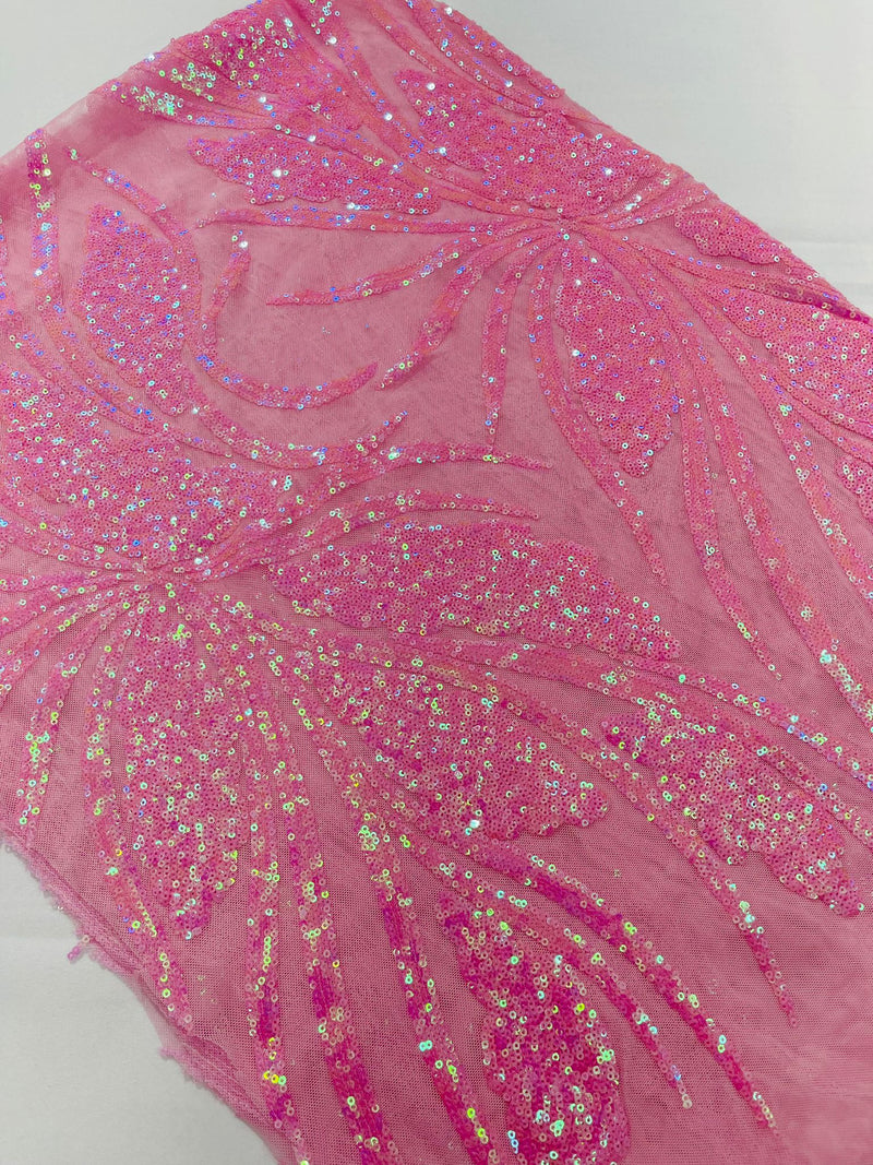 Feather damask shiny sequin design on a 4 way stretch mesh Fabric-prom-sold by The yard.