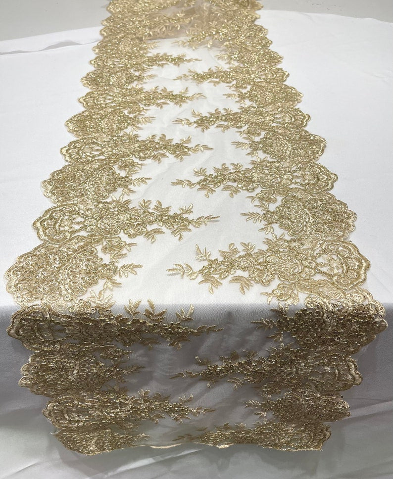 14"Wide Sequins Metallic Embroidered Lace on Mesh Fabric, Trim Lace, Table Runner. Sold By The Yard.