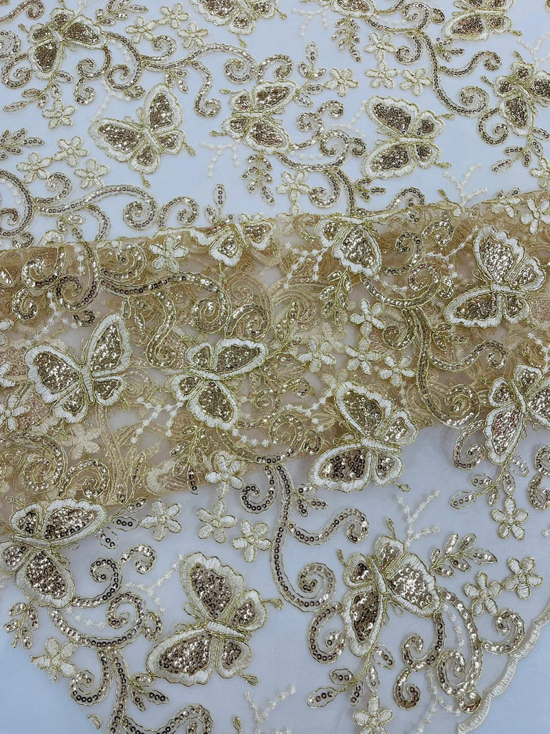 Corded Lace/ Butterfly Design Embroidered With Sequin on a Mesh Lace Fabric