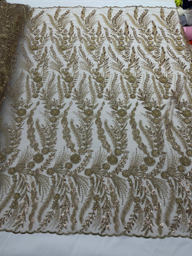 Feather and Vine Beaded Lace Fabric, by The Yard