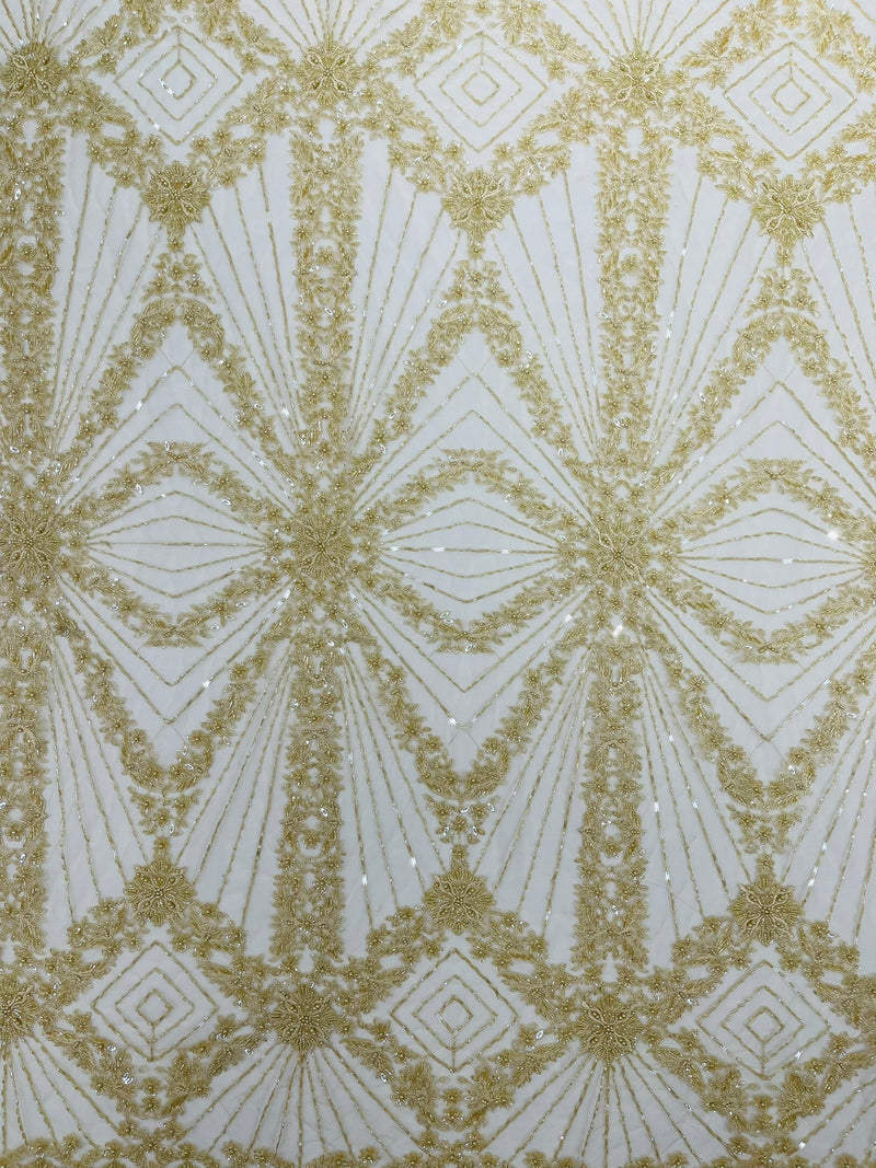 Luxury Bridal Fabric with Geometric Beading on a mesh, by The Yard.